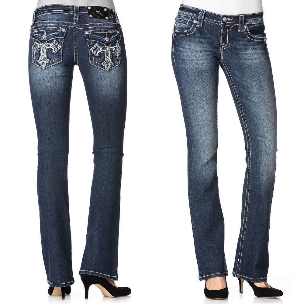 New! MISS ME Cross Pocket Boot Cut Jeans Blue Denim Size 28 NWT